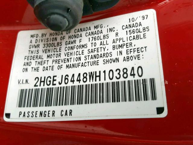 2HGEJ6448WH103840 - 1998 HONDA CIVIC DX RED photo 10