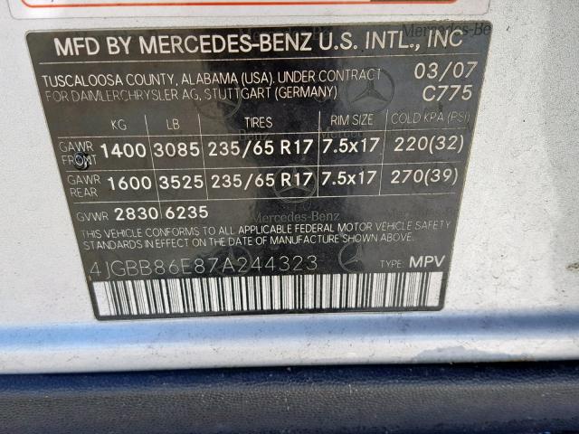 4JGBB86E87A244323 - 2007 MERCEDES-BENZ ML 350 SILVER photo 10