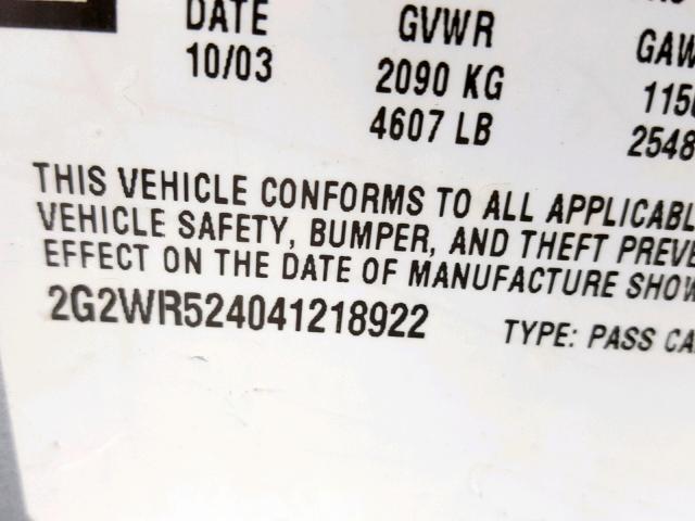 2G2WR524041218922 - 2004 PONTIAC GRAND PRIX GRAY photo 10