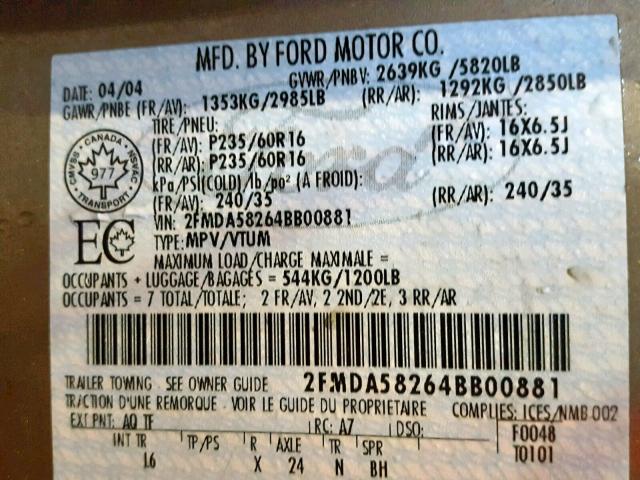 2FMDA58264BB00881 - 2004 FORD FREESTAR L GOLD photo 10