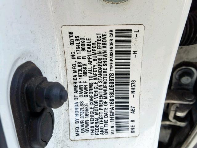 1HGFA16918L059878 - 2008 HONDA CIVIC EXL WHITE photo 10