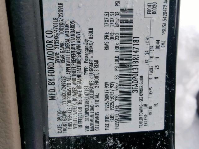 3FADP0L31BR147181 - 2011 FORD FUSION HYB BLACK photo 10