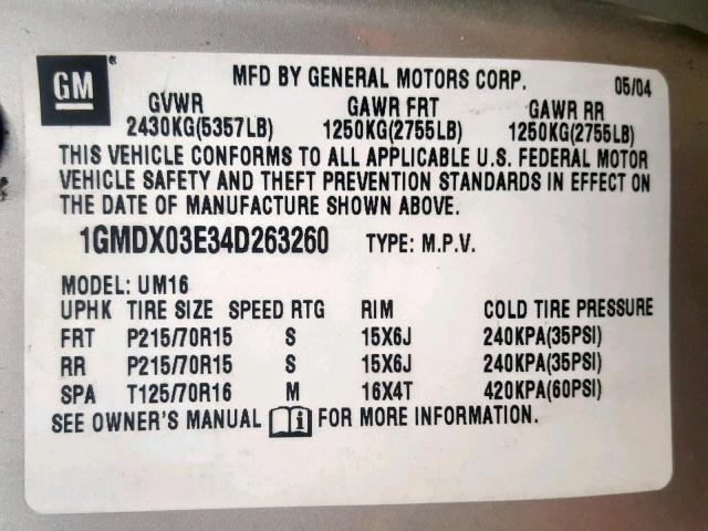 1GMDX03E34D263260 - 2004 PONTIAC MONTANA GRAY photo 10