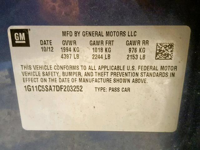 1G11C5SA7DF203252 - 2013 CHEVROLET MALIBU 1LT ლურჯი ფოტო 10