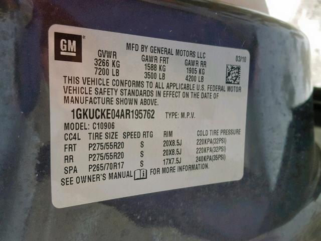 1GKUCKE04AR195762 - 2010 GMC YUKON XL C GRAY photo 10