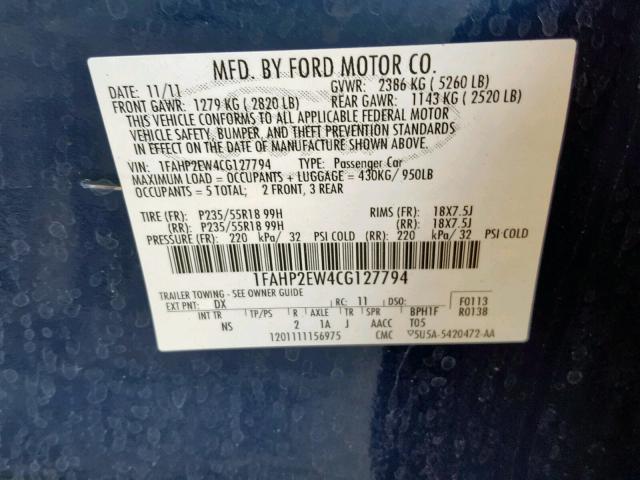 1FAHP2EW4CG127794 - 2012 FORD TAURUS SEL BLUE photo 10