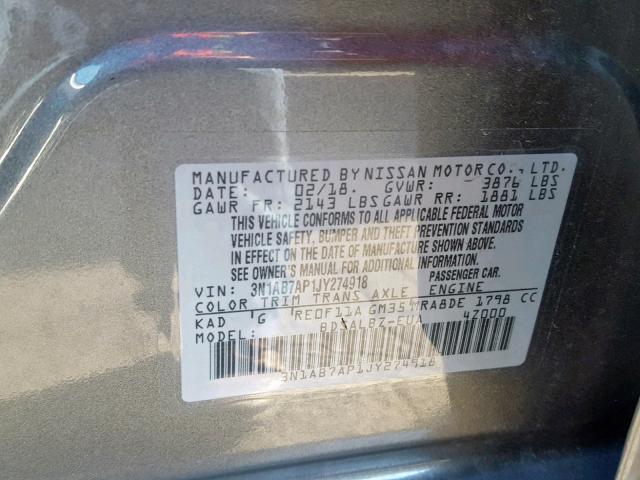 3N1AB7AP1JY274918 - 2018 NISSAN SENTRA S GRAY photo 10
