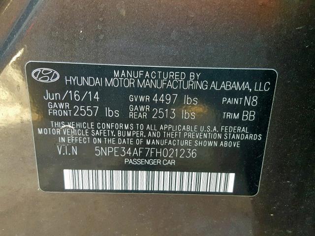 5NPE34AF7FH021236 - 2015 HYUNDAI SONATA SPO BLACK photo 10