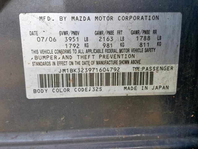 JM1BK323971604792 - 2007 MAZDA 3 S GRAY photo 10