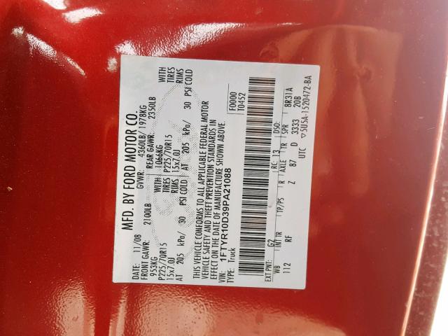 1FTYR10D39PA21088 - 2009 FORD RANGER RED photo 10