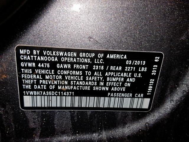 1VWBH7A35DC114371 - 2013 VOLKSWAGEN PASSAT SE GRAY photo 10