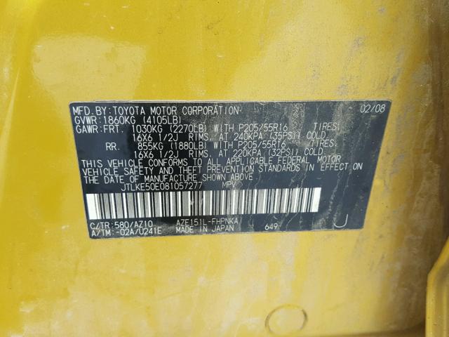 JTLKE50E081057277 - 2008 TOYOTA SCION XB GOLD photo 10