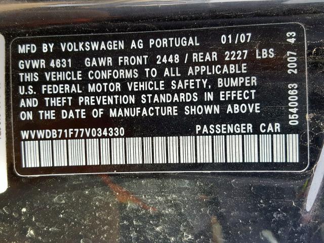 WVWDB71F77V034330 - 2007 VOLKSWAGEN EOS 3.2L S BLACK photo 10