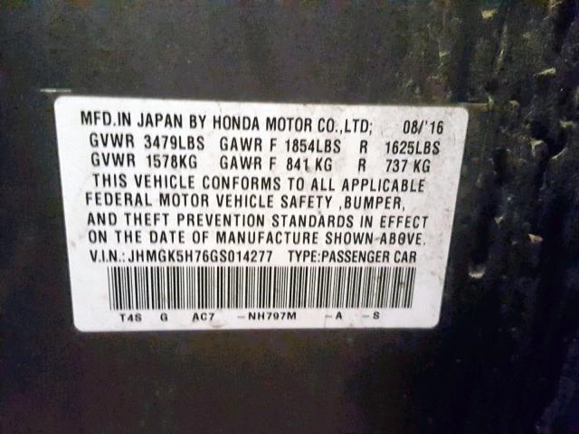 JHMGK5H76GS014277 - 2016 HONDA FIT EX GRAY photo 10