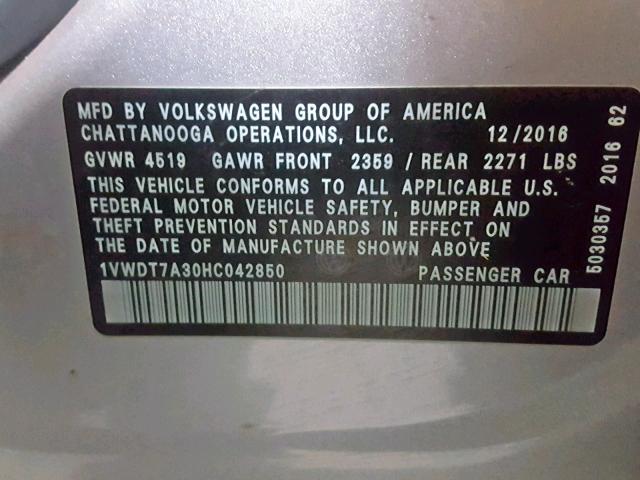 1VWDT7A30HC042850 - 2017 VOLKSWAGEN PASSAT R-L SILVER photo 10