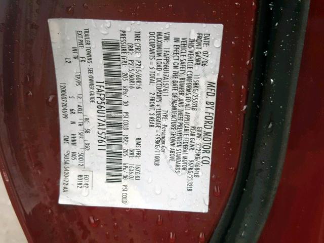 1FAFP56U17A157611 - 2007 FORD TAURUS SEL MAROON photo 10