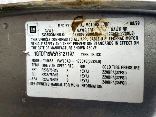 1GTDT19W118192232 - 2001 GMC SONOMA TAN photo 10