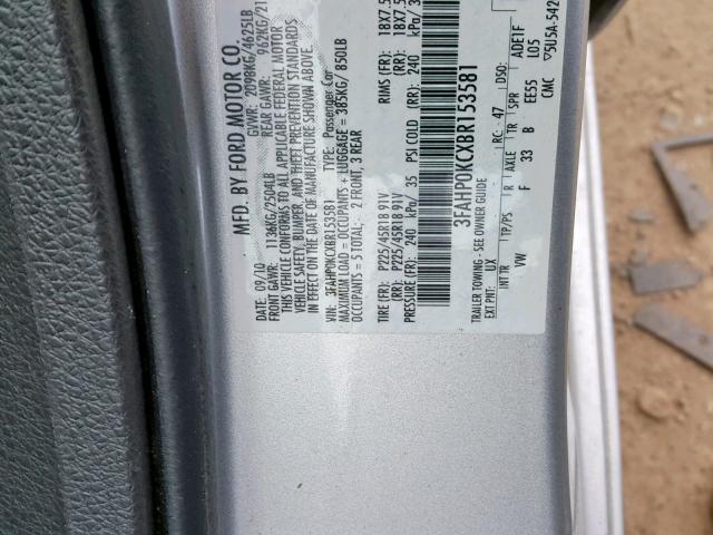 3FAHP0KCXBR153581 - 2011 FORD FUSION SPO SILVER photo 10