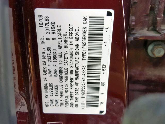 1HGCP26439A045845 - 2009 HONDA ACCORD LXP MAROON photo 10