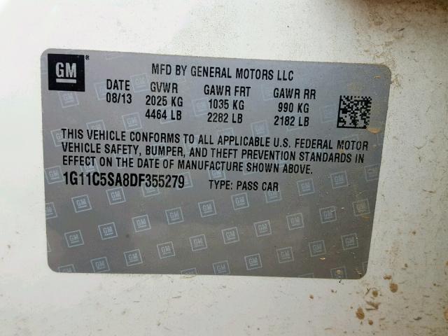 1G11C5SA8DF355279 - 2013 CHEVROLET MALIBU 1LT WHITE photo 10