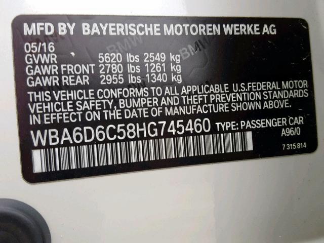 WBA6D6C58HG745460 - 2017 BMW 650 XI WHITE photo 10