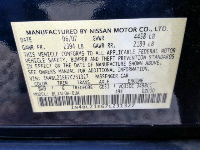 1N4BL21E67C231327 - 2007 NISSAN ALTIMA 3.5 BLUE photo 10