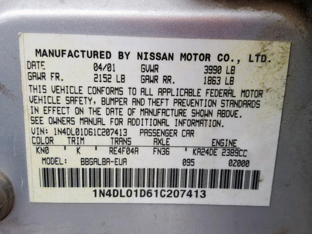 1N4DL01D61C207413 - 2001 NISSAN ALTIMA XE SILVER photo 10