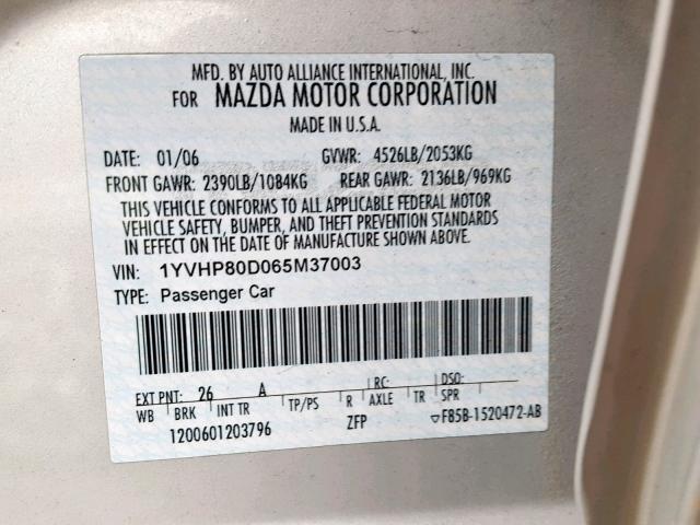 1YVHP80D065M37003 - 2006 MAZDA 6 S SILVER photo 10