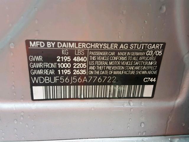 WDBUF56J56A776722 - 2006 MERCEDES-BENZ E 350 SILVER photo 10