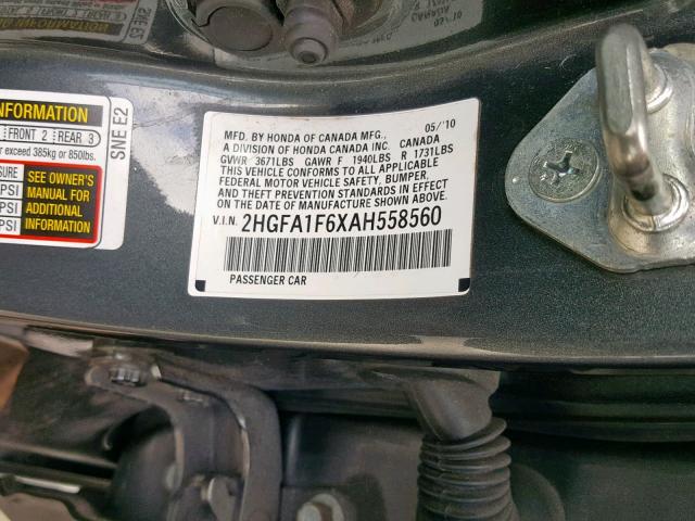 2HGFA1F6XAH558560 - 2010 HONDA CIVIC GRAY photo 10