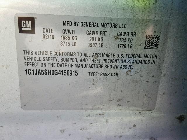 1G1JA5SH0G4150915 - 2016 CHEVROLET SONIC LS SILVER photo 10