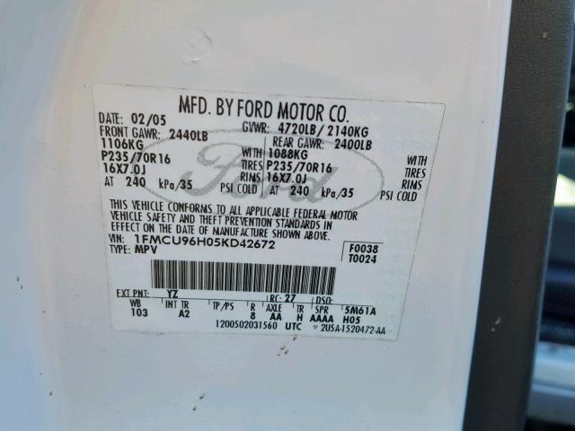 1FMCU96H05KD42672 - 2005 FORD ESCAPE HEV WHITE photo 10