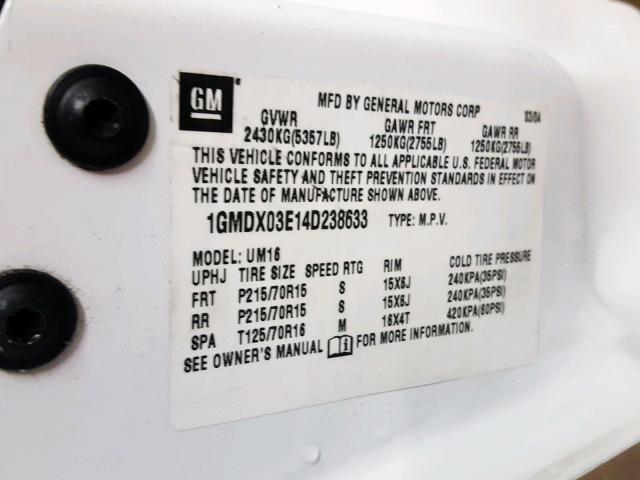 1GMDX03E14D238633 - 2004 PONTIAC MONTANA WHITE photo 10