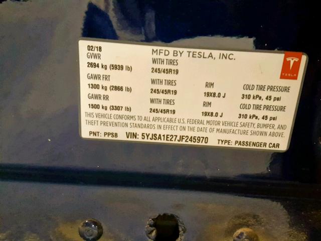 5YJSA1E27JF245970 - 2018 TESLA MODEL S أزرق صورة 10