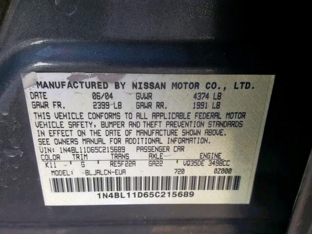 1N4BL11D65C215689 - 2005 NISSAN ALTIMA SE BLACK photo 10