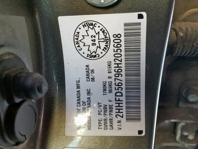 2HHFD56796H205608 - 2006 ACURA CSX PREMIU GRAY photo 10