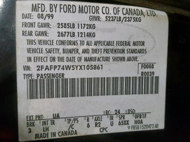 2FAFP74W5YX105861 - 2000 FORD CROWN VICT BLACK photo 10