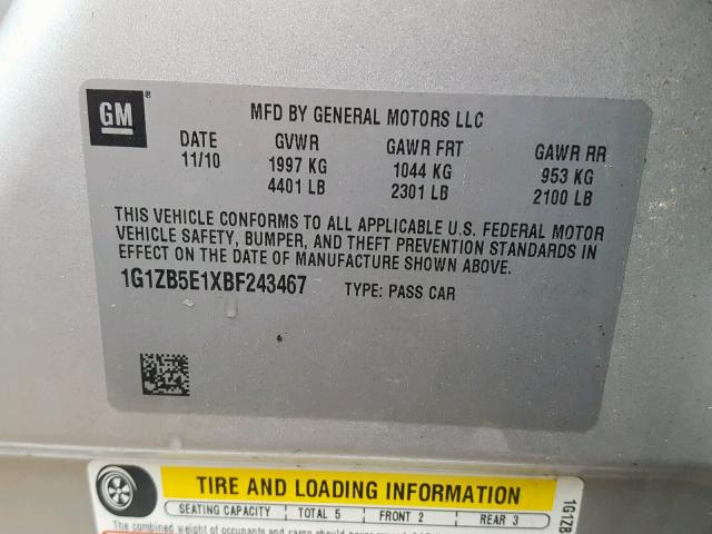 1G1ZB5E1XBF243467 - 2011 CHEVROLET MALIBU LS SILVER photo 10