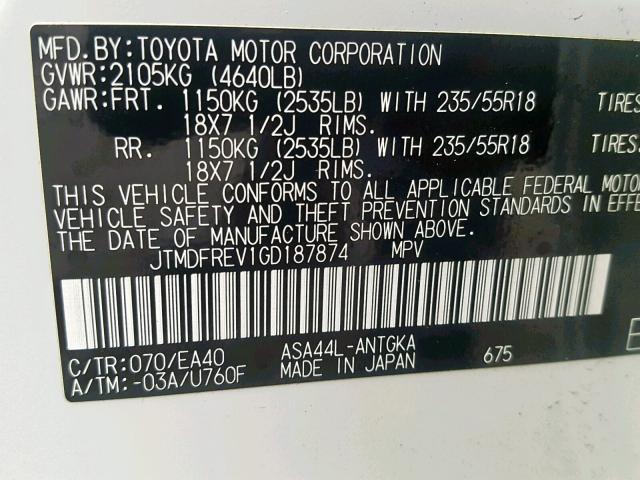 JTMDFREV1GD187874 - 2016 TOYOTA RAV4 LIMIT WHITE photo 10