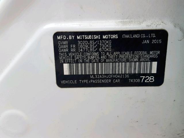 ML32A3HJ0FH042136 - 2015 MITSUBISHI MIRAGE DE WHITE photo 10