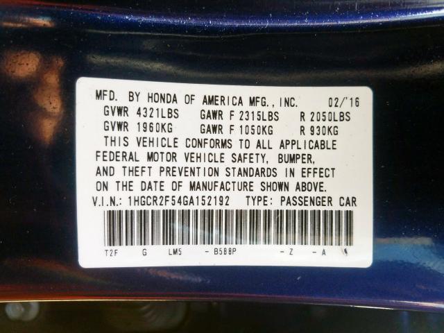 1HGCR2F54GA152192 - 2016 HONDA ACCORD SPORT  photo 10