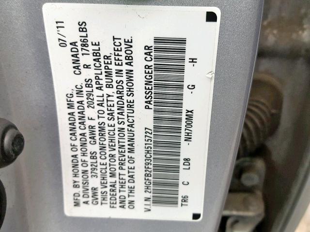 2HGFB2F93CH515727 - 2012 HONDA CIVIC EXL SILVER photo 10