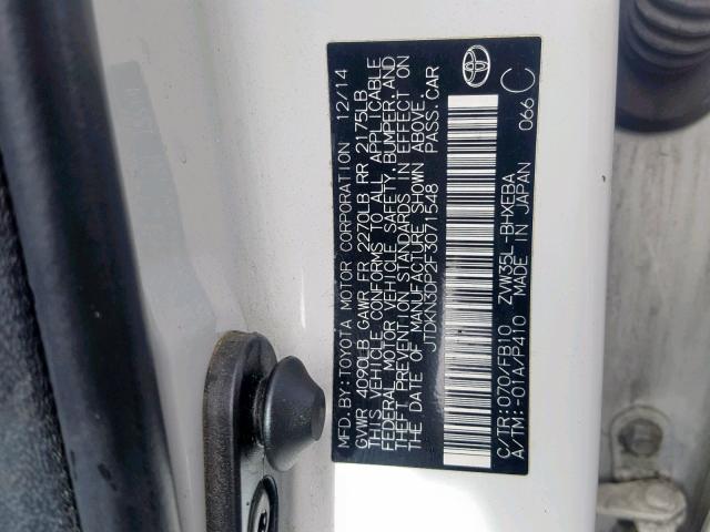 JTDKN3DP2F3071548 - 2015 TOYOTA PRIUS PLUG WHITE photo 10