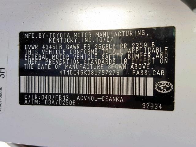 4T1BE46K08U757278 - 2008 TOYOTA CAMRY CE WHITE photo 10