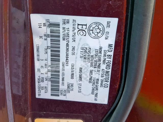 1FMEU74836UA94293 - 2006 FORD EXPLORER E MAROON photo 10