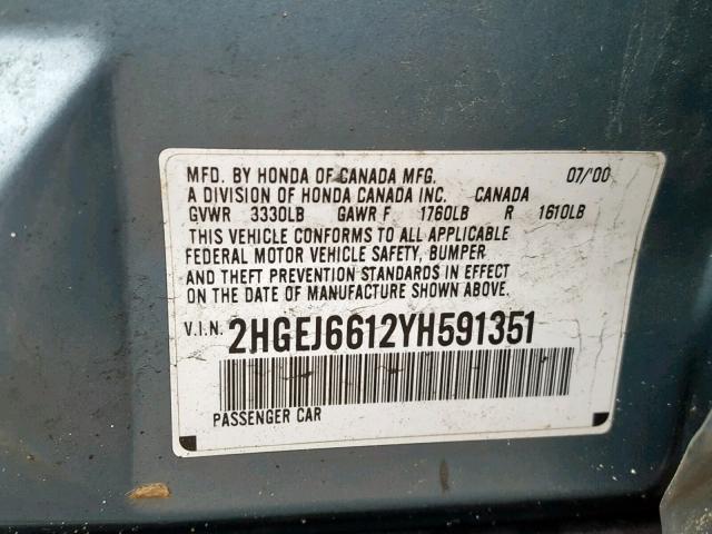 2HGEJ6612YH591351 - 2000 HONDA CIVIC BASE BLUE photo 10