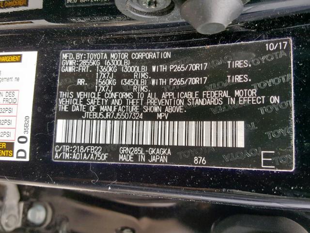 JTEBU5JR7J5507324 - 2018 TOYOTA 4RUNNER SR BLACK photo 10