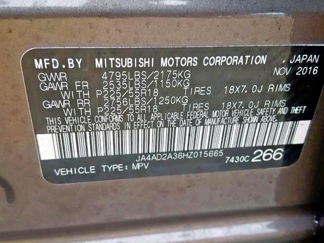 JA4AD2A36HZ015665 - 2017 MITSUBISHI OUTLANDER BROWN photo 10