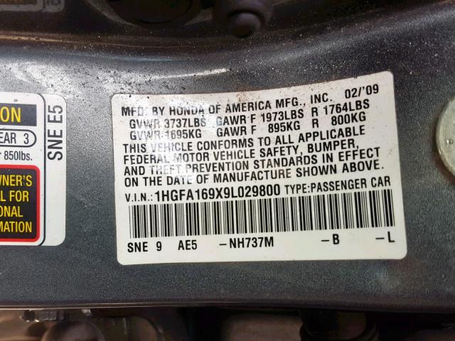 1HGFA169X9L029800 - 2009 HONDA CIVIC EXL GRAY photo 10