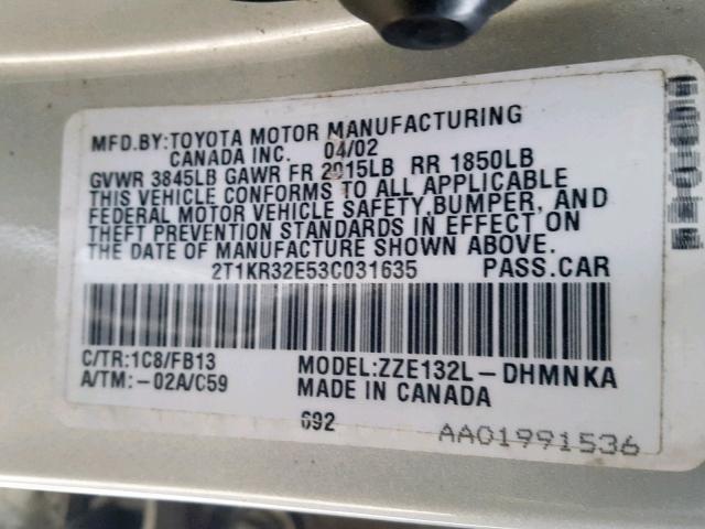 2T1KR32E53C031635 - 2003 TOYOTA MATRIX XR SILVER photo 10